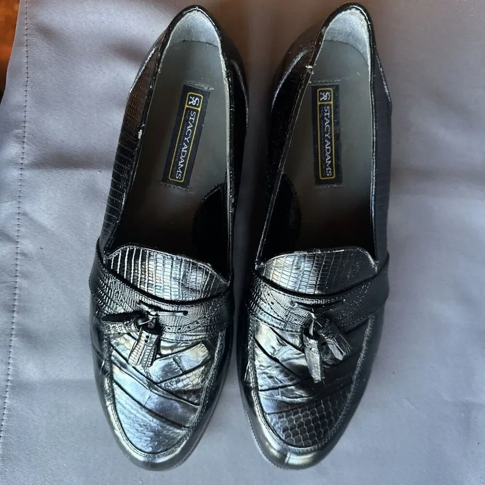 Stacy Adams Black Loafers 11 M Tassel Slip On Dress Shoes Mens Leather Snake